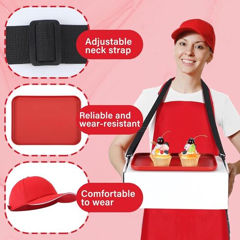 Halloween Supermarket Employee Costume for Adult Supermarket Waiter Costume Include Red Baseball Cap, Apron, Box, Shoulder Strap, Tray for Halloween Cosplay Cooking Crafting Drawing in Saudi Arabia