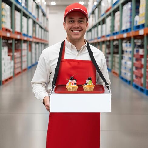Halloween Supermarket Employee Costume for Adult Supermarket Waiter Costume Include Red Baseball Cap, Apron, Box, Shoulder Strap, Tray for Halloween Cosplay Cooking Crafting Drawing in Saudi Arabia