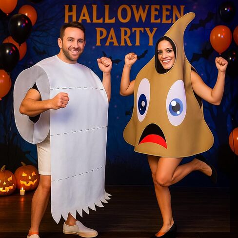 Newcotte 2 Pcs Halloween Poop and Toilet Paper Couples Costume Large Poop Emoticon Costume Giant Toilet Paper Roll Hilarious Cos for Women Men One Size Fit Halloween Party Clothes for Adults in Saudi Arabia
