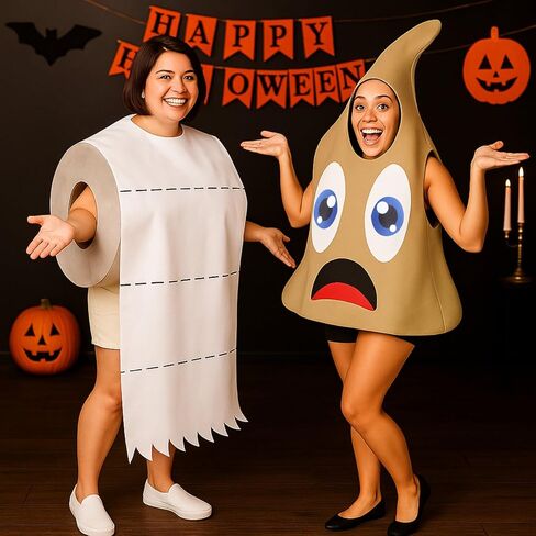 Newcotte 2 Pcs Halloween Poop and Toilet Paper Couples Costume Large Poop Emoticon Costume Giant Toilet Paper Roll Hilarious Cos for Women Men One Size Fit Halloween Party Clothes for Adults in Saudi Arabia