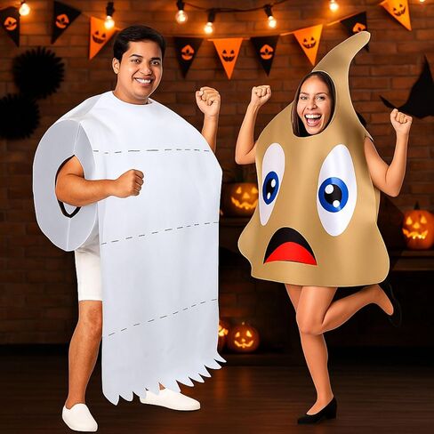 Newcotte 2 Pcs Halloween Poop and Toilet Paper Couples Costume Large Poop Emoticon Costume Giant Toilet Paper Roll Hilarious Cos for Women Men One Size Fit Halloween Party Clothes for Adults in Saudi Arabia