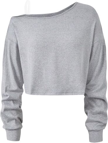 SHENHE Girl's Off The Shoulder Top Long Sleeve Spaghetti Strap Casual Plain Crop Tops in Saudi Arabia