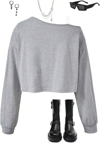 SHENHE Girl's Off The Shoulder Top Long Sleeve Spaghetti Strap Casual Plain Crop Tops in Saudi Arabia