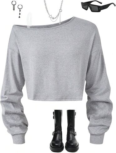 SHENHE Girl's Off The Shoulder Top Long Sleeve Spaghetti Strap Casual Plain Crop Tops in Saudi Arabia