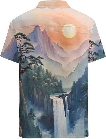 Chinese Landscape Mountain Waterfall Mens Button Down Short Sleeve Shirt Casual T Shirts Summer Beach Tops with Pocket in Saudi Arabia