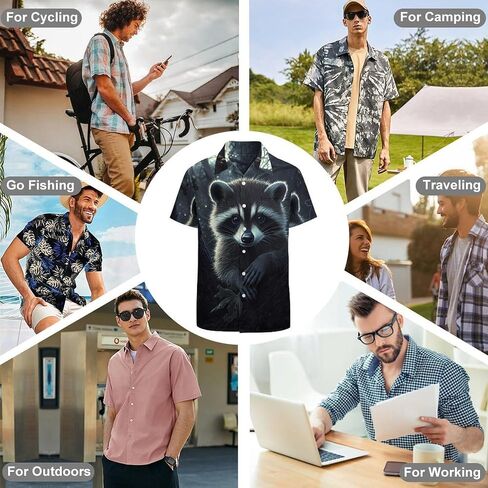 Cute Raccoon Mens Button Down Short Sleeve Shirt Casual T Shirts Summer Beach Tops with Pocket in Saudi Arabia