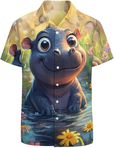 Cute Hippo Mens Button Down Short Sleeve Shirt Casual T Shirts Summer Beach Tops with Pocket in Saudi Arabia