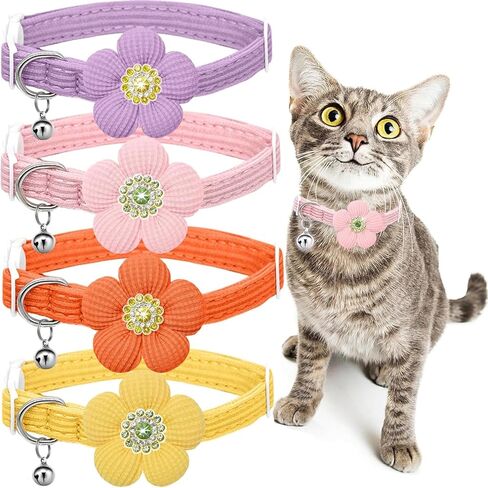 Cat Collar, HANSHILAI Kitten Collar with Bells, Cute Cat Collar Breakaway for Girl Boy with Flower,Collar para Gatos (Rhinestones Yellow & Pink & Orange & Purple) in Kuwait