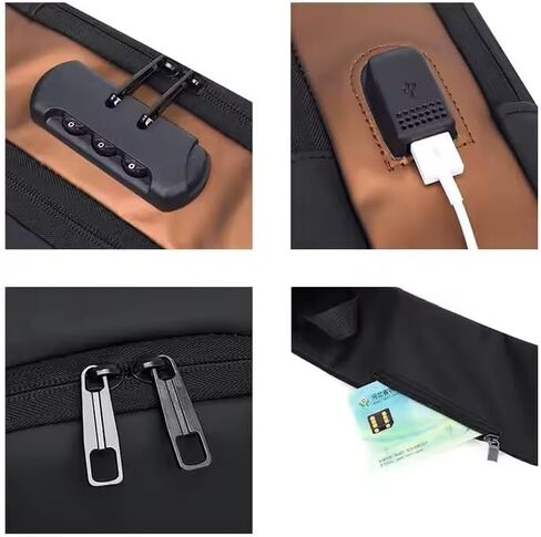 Fashion USB Crossbody Sling Bag, Black and Black and bronze, Waterproof, Multiple Compartments, Anti-Theft Lock Design in Saudi Arabia