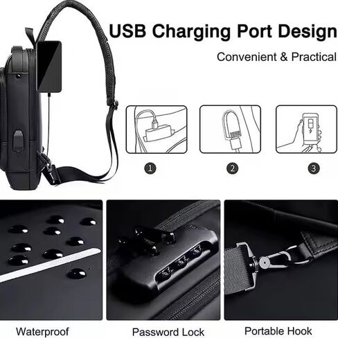 Fashion USB Crossbody Sling Bag, Black and Black and bronze, Waterproof, Multiple Compartments, Anti-Theft Lock Design in Saudi Arabia