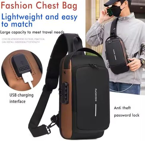 Fashion USB Crossbody Sling Bag, Black and Black and bronze, Waterproof, Multiple Compartments, Anti-Theft Lock Design in Saudi Arabia