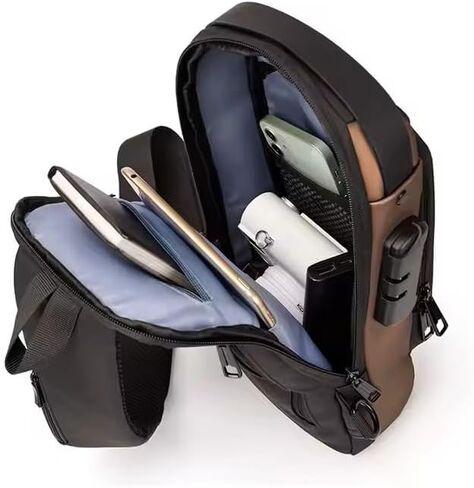 Fashion USB Crossbody Sling Bag, Black and Black and bronze, Waterproof, Multiple Compartments, Anti-Theft Lock Design in Saudi Arabia