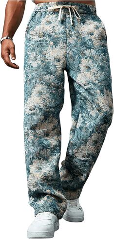 Men's Floral Jacquard Baggy Pants Retro Drawstring Waist Straight Leg Trousers with Pockets in Saudi Arabia
