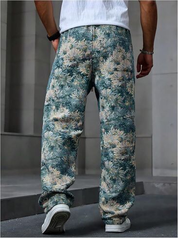 Men's Floral Jacquard Baggy Pants Retro Drawstring Waist Straight Leg Trousers with Pockets in Saudi Arabia