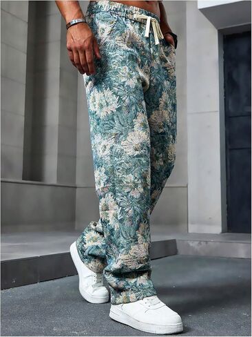Men's Floral Jacquard Baggy Pants Retro Drawstring Waist Straight Leg Trousers with Pockets in Saudi Arabia