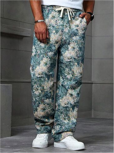 Men's Floral Jacquard Baggy Pants Retro Drawstring Waist Straight Leg Trousers with Pockets in Saudi Arabia