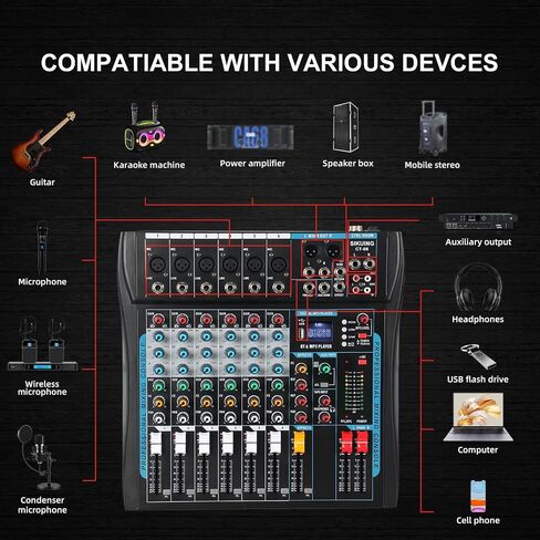 وحدة تحكم لوحة صوت احترافية مكونة من 6 قنوات مع 99 تأثيرات DSP وطاقة فانتوم 48 فولت وواجهة USB وبلوتوث لوحة مزج صوت ستيريو للكاريوكي والأداء المباشر لمرحلة DJ in Saudi Arabia