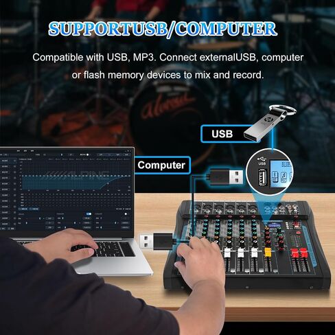وحدة تحكم لوحة صوت احترافية مكونة من 6 قنوات مع 99 تأثيرات DSP وطاقة فانتوم 48 فولت وواجهة USB وبلوتوث لوحة مزج صوت ستيريو للكاريوكي والأداء المباشر لمرحلة DJ in Saudi Arabia