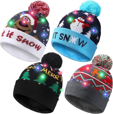 4 Pieces LED Christmas Knitted Hat Light Up Beanie Cap Unisex Novelty LED Winter Snow Hat with 6 Colorful LEDs in Saudi Arabia