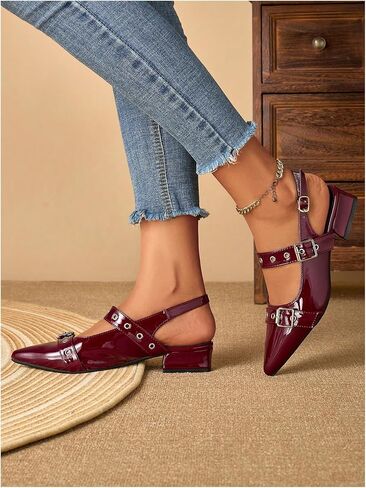 SHENHE Women's Slingback Flats Low Heels Pointed Toe Patent Leather Rivets Dress Pump Shoes in Saudi Arabia