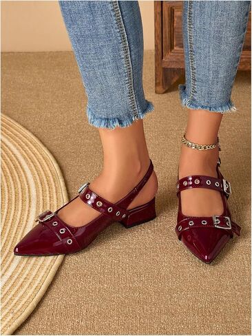 SHENHE Women's Slingback Flats Low Heels Pointed Toe Patent Leather Rivets Dress Pump Shoes in Saudi Arabia