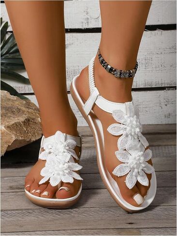 GORGLITTER Women's Flower Thongs Sandals With Ankle Strap Open Toe Flip Flop Wedding Shoes Trendy 2025 Summer Beach Sandals in Saudi Arabia