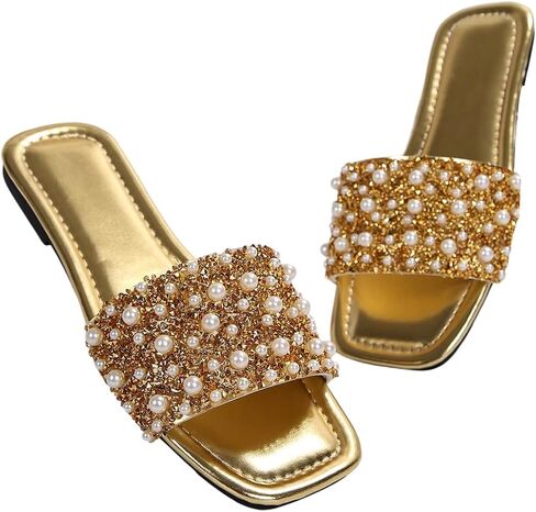GORGLITTER Women's Gold Pearl Sandals Square Open Toe Sequin Rhinestone Slip On Dressy Wedding Flat Slides in Saudi Arabia