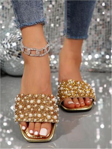GORGLITTER Women's Gold Pearl Sandals Square Open Toe Sequin Rhinestone Slip On Dressy Wedding Flat Slides in Saudi Arabia