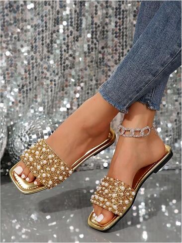 GORGLITTER Women's Gold Pearl Sandals Square Open Toe Sequin Rhinestone Slip On Dressy Wedding Flat Slides in Saudi Arabia