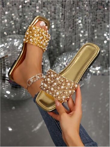 GORGLITTER Women's Gold Pearl Sandals Square Open Toe Sequin Rhinestone Slip On Dressy Wedding Flat Slides in Saudi Arabia