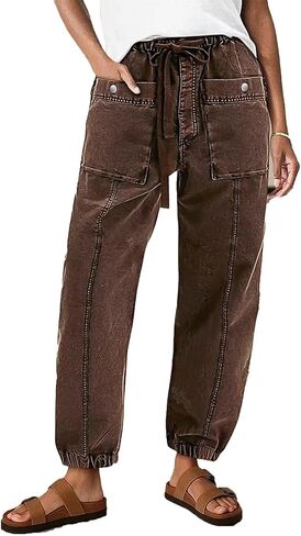 Flamingals Straight Leg Mid Waist Drawstring Solid Patch Pocket Crop Carrot Pants in Kuwait