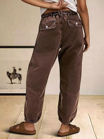 Flamingals Straight Leg Mid Waist Drawstring Solid Patch Pocket Crop Carrot Pants in Kuwait