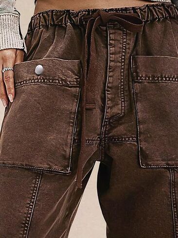 Flamingals Straight Leg Mid Waist Drawstring Solid Patch Pocket Crop Carrot Pants in Kuwait