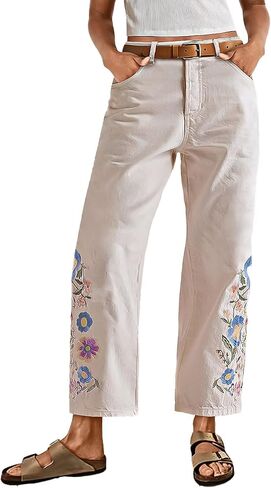 Flamingals High Waisted Cotton Straight Leg Pants for Women Boho Floral Embroidery Summer Pants in Saudi Arabia