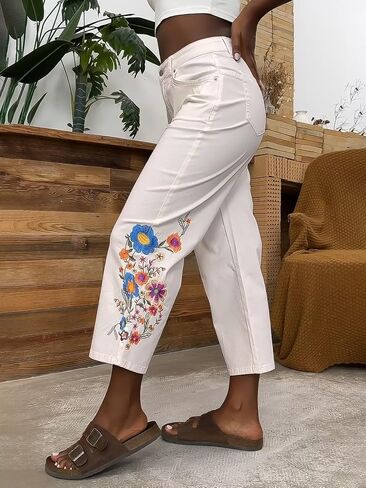 Flamingals High Waisted Cotton Straight Leg Pants for Women Boho Floral Embroidery Summer Pants in Saudi Arabia
