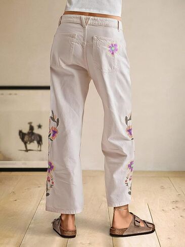 Flamingals High Waisted Cotton Straight Leg Pants for Women Boho Floral Embroidery Summer Pants in Saudi Arabia