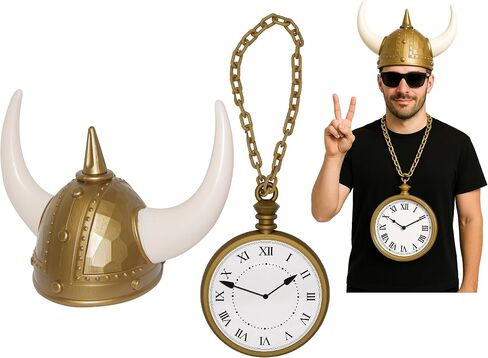 مجموعة أزياء Nicky Bigs Novelties الفاخرة من خوذة فايكنغ وقلادة على مدار الساعة العملاقة - قبعة فايكنغ ذات قرون ذهبية + ملحق ساعة سلسلة كبيرة الحجم - زي مغني الراب في التسعينيات وعيد الهالوين، مناسب للبالغين بمقاس واحد in Saudi Arabia