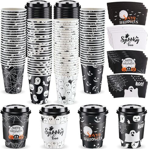 Umigy 100 Pack Halloween Disposable Coffee Cups 12 oz Paper Coffee Cups with Dome Lids and Sleeves Hot Cold Beverage Coffee Juice Drinking Cups for Halloween Party Decoration (Bat Style) in Saudi Arabia