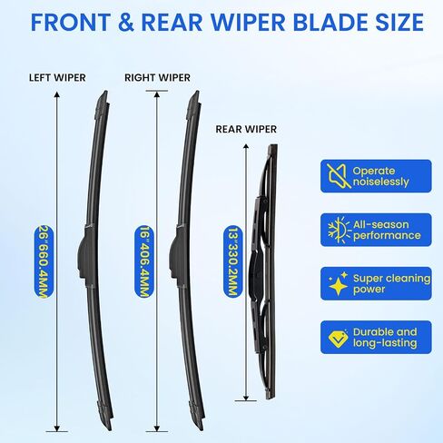 ANIKLUIM® Windshield Wipers for 2011 2010 2009 2008 2007 Honda CR-V,26 Inch+16 Inch+14 Inch Front and Rear Wiper Blades,Easy to Install (Pack of 3) in Kuwait
