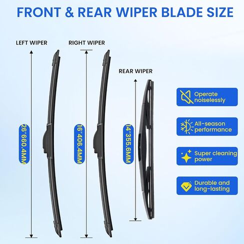 ANIKLUIM® Windshield Wipers for 2011 2010 2009 2008 2007 Honda CR-V,26 Inch+16 Inch+14 Inch Front and Rear Wiper Blades,Easy to Install (Pack of 3) in Kuwait