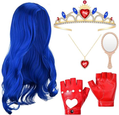 5Pcs Halloween Costume Accessory Set Includes Blue Long Wavy Wig Red Heart Necklace Crown Heart Punk Gloves Hand Mirror for Women Adult Halloween Cosplay Party Supplies in Saudi Arabia