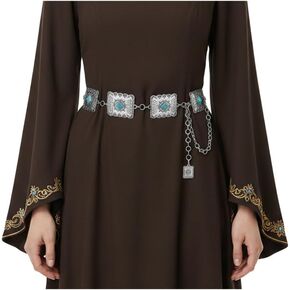 أحزمة معدنية فيروزية للنساء - أحزمة سلسلة الورك كلاسيكية من بوهو راعية البقر، حزام خصر غربي قابل للتعديل للفستان in Kuwait