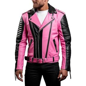 Men's Pink Black Quilted Leather Jacket, Casual Crossover Style with Zippers Belted Style Jacket in Saudi Arabia