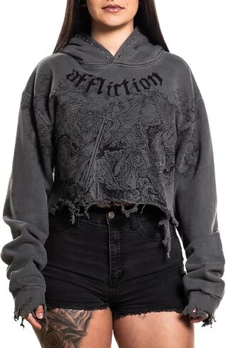 Affliction Women's Gothic Skull Graphic Hoodie, Black, Long Sleeve Zip-Up Sweatshirt with Fleur-de-lis Detail in Saudi Arabia
