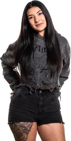 Affliction Women's Gothic Skull Graphic Hoodie, Black, Long Sleeve Zip-Up Sweatshirt with Fleur-de-lis Detail in Saudi Arabia