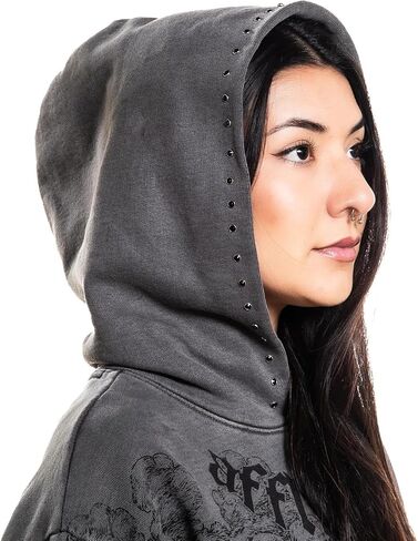 Affliction Women's Gothic Skull Graphic Hoodie, Black, Long Sleeve Zip-Up Sweatshirt with Fleur-de-lis Detail in Saudi Arabia