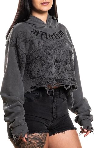 Affliction Women's Gothic Skull Graphic Hoodie, Black, Long Sleeve Zip-Up Sweatshirt with Fleur-de-lis Detail in Saudi Arabia