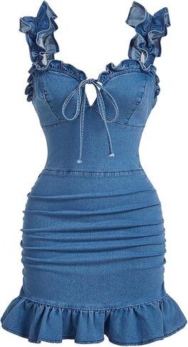 WDIRARA Women's Runched Tie Front Mini Denim Dress Ruffle Sleeveless Bodycon Cami Dresses in Saudi Arabia