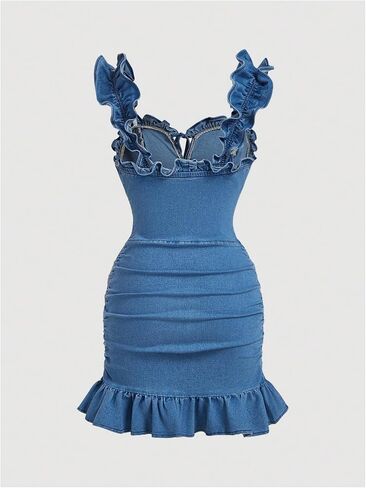 WDIRARA Women's Runched Tie Front Mini Denim Dress Ruffle Sleeveless Bodycon Cami Dresses in Saudi Arabia