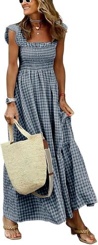 ebossy Women's 2025 Fashion Plaid Dress Sleeveless Smocked Ruffle Pleated Boho Party Beach Gingham Maxi Dresses in Saudi Arabia
